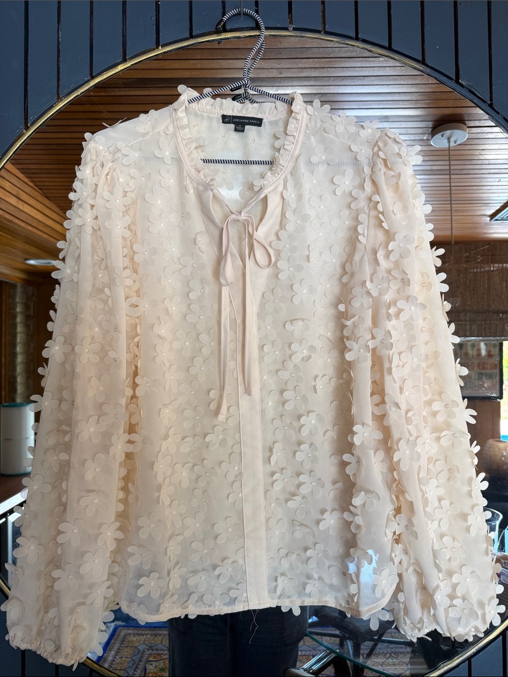 Adrianna Papell Cream 3D Floral Tie-Neck Blouse
